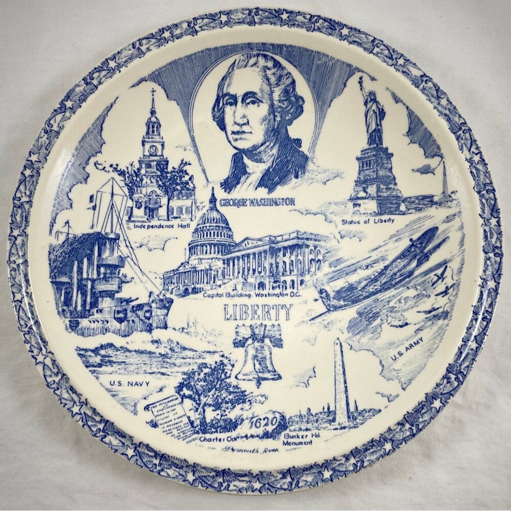 Vernon Kilns Liberty Landmark Plate Blue Washington DC Independence Vintage